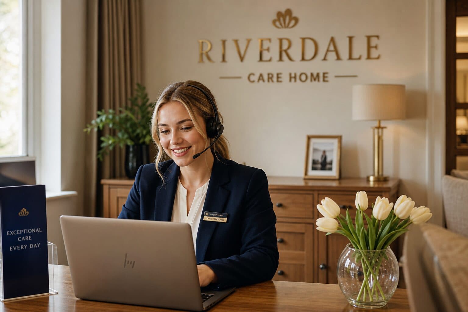 Concierge am Empfang einer Pflegeeinrichtung mit Headset und Laptop